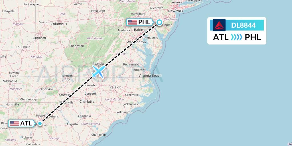 DL8844 Delta Air Lines Flight Map: Atlanta to Philadelphia