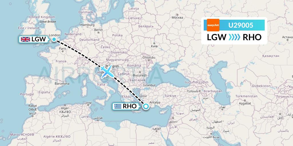 U29005 EasyJet Flight Map: London to Rhodes