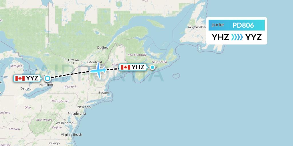 PD806 Porter Airlines Flight Map: Halifax to Toronto