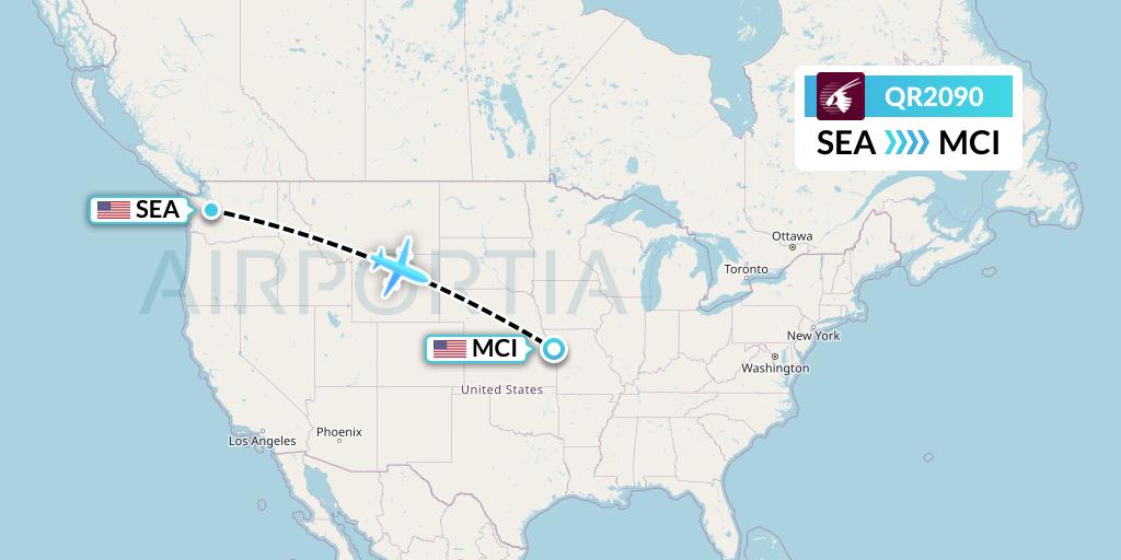 QR2090 Qatar Airways Flight Map: Seattle to Kansas City