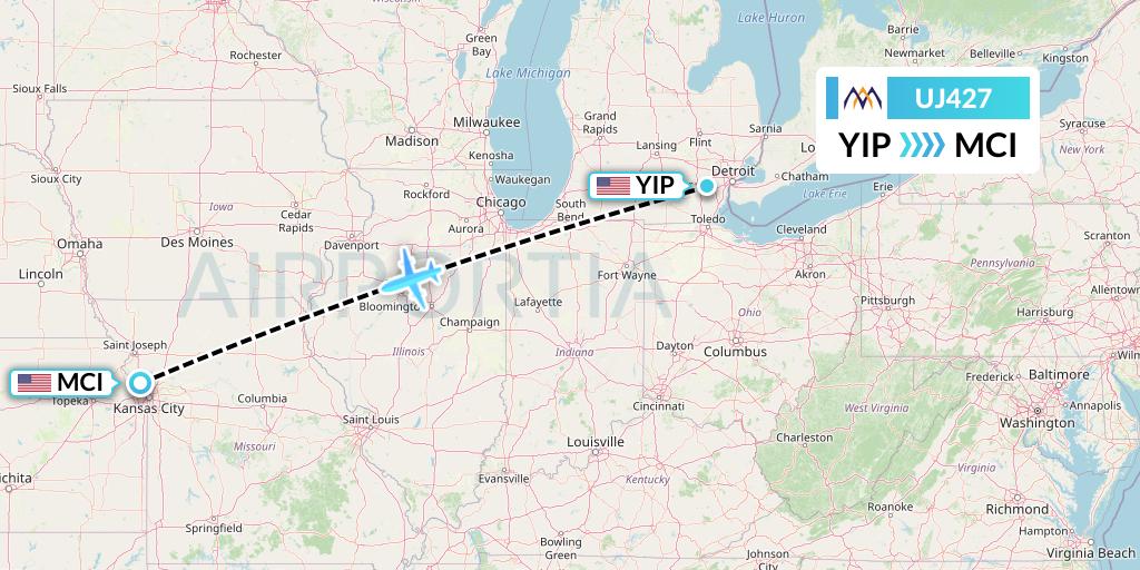 UJ427 AlMasria Universal Airlines Flight Map: Detroit to Kansas City
