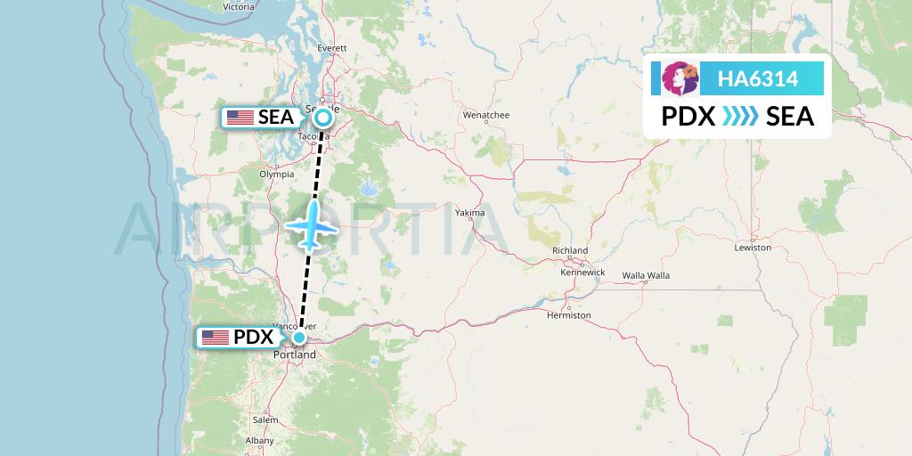 HA6314 Hawaiian Airlines Flight Map: Portland to Seattle