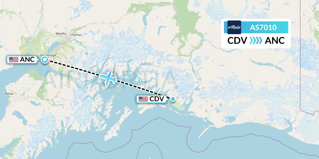 AS7010 Alaska Airlines Flight Map: Cordova to Anchorage