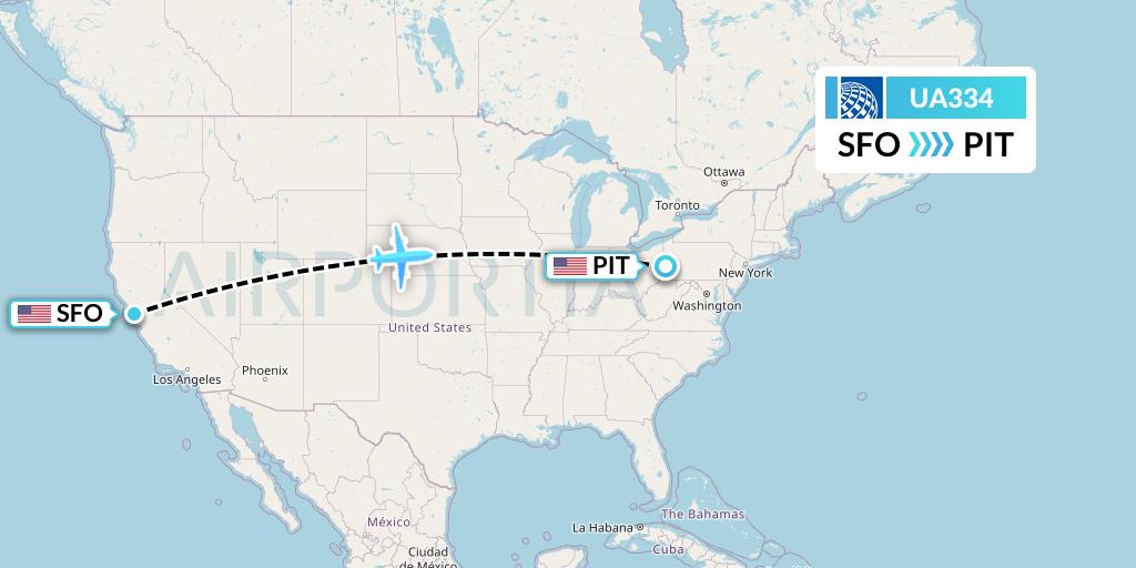UA334 United Airlines Flight Map: San Francisco to Pittsburgh