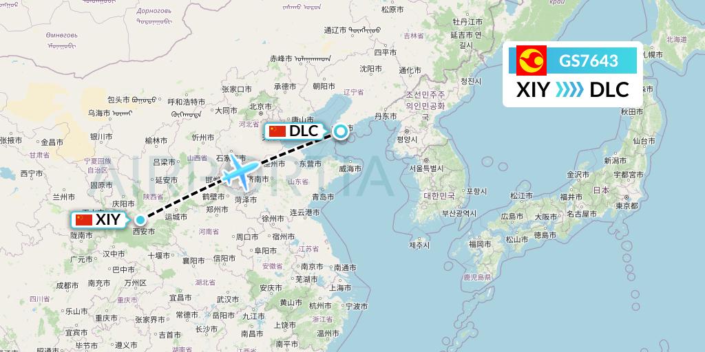 GS7643 Tianjin Airlines Flight Map: Xi'an to Dalian