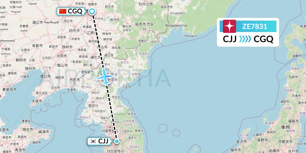 ZE7831 Eastar Jet Flight Map: Cheongju to Changchun