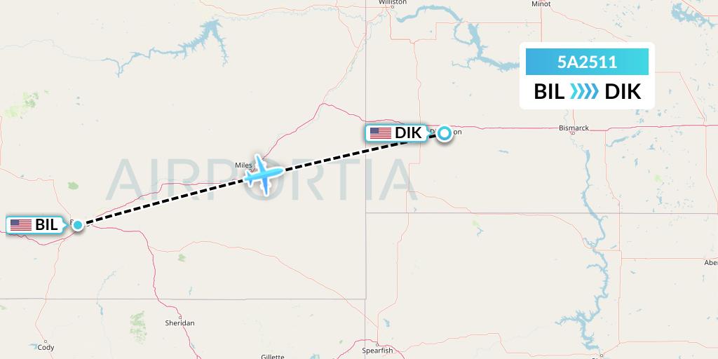 5A2511 Alpine Air Express Flight Map: Billings to Dickinson