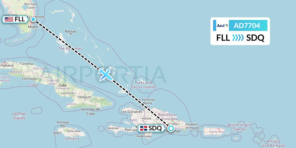 AD7704 Azul Brazilian Airlines Flight Map: Fort Lauderdale to Santo Domingo