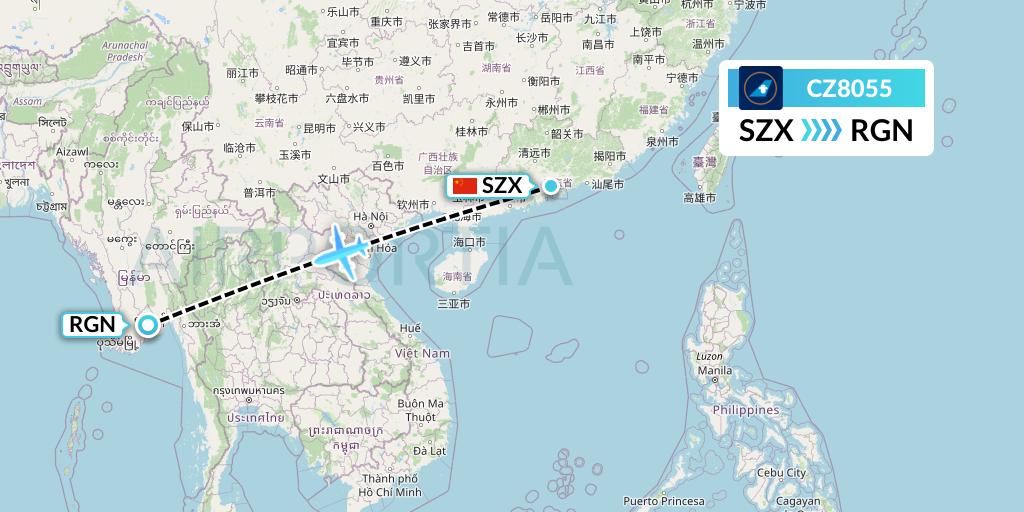 CZ8055 China Southern Airlines Flight Map: Shenzhen to Yangon