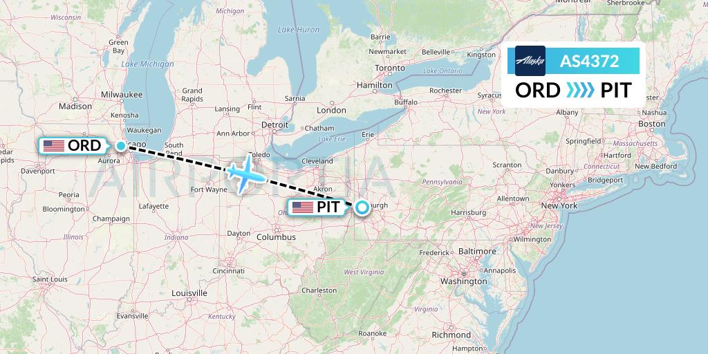 AS4372 Alaska Airlines Flight Map: Chicago to Pittsburgh