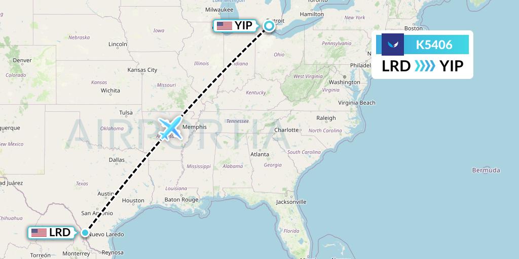 K5406 SeaPort Airlines Flight Map: Laredo to Detroit