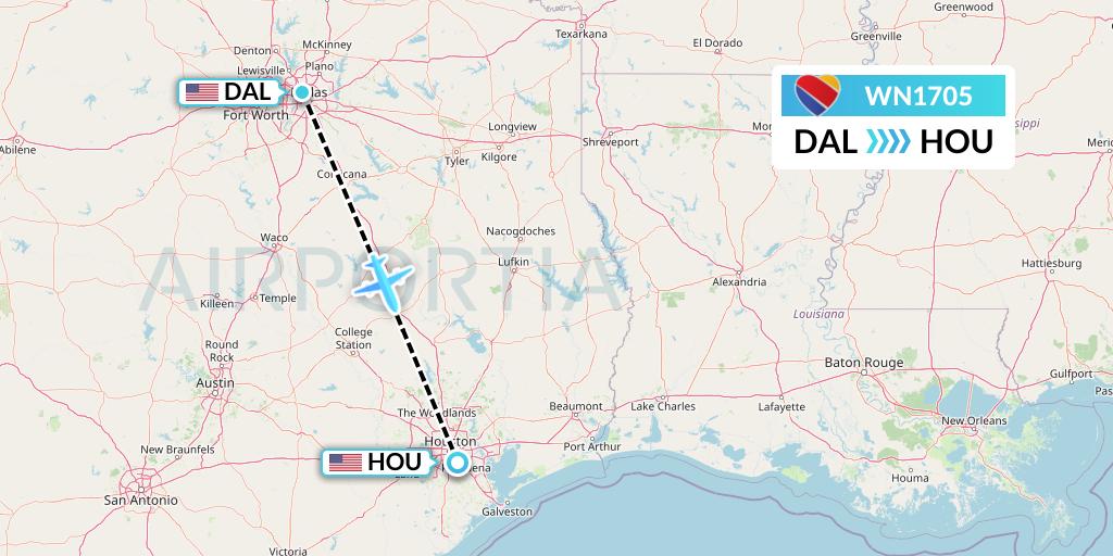 WN1705 Southwest Airlines Flight Map: Dallas to Houston
