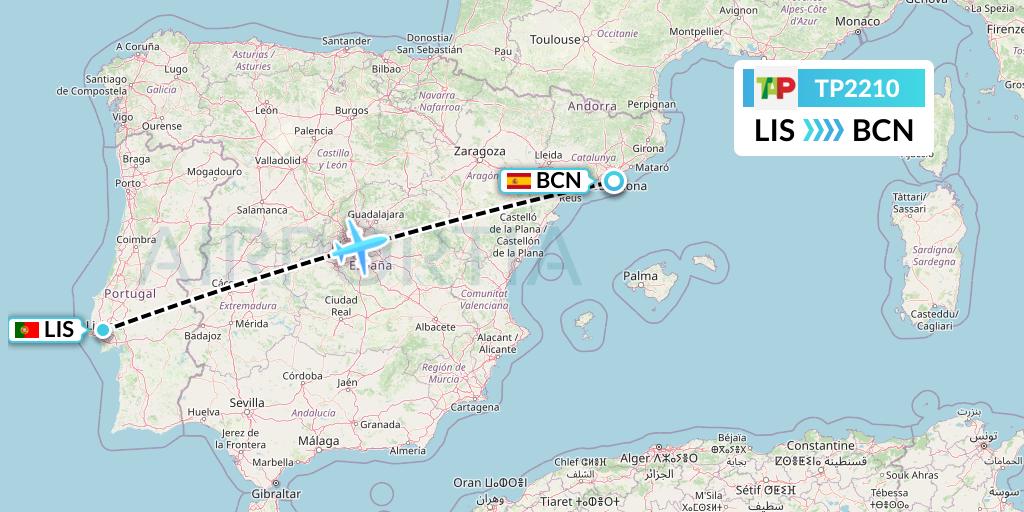 TP2210 TAP Portugal Flight Map: Lisbon to Barcelona