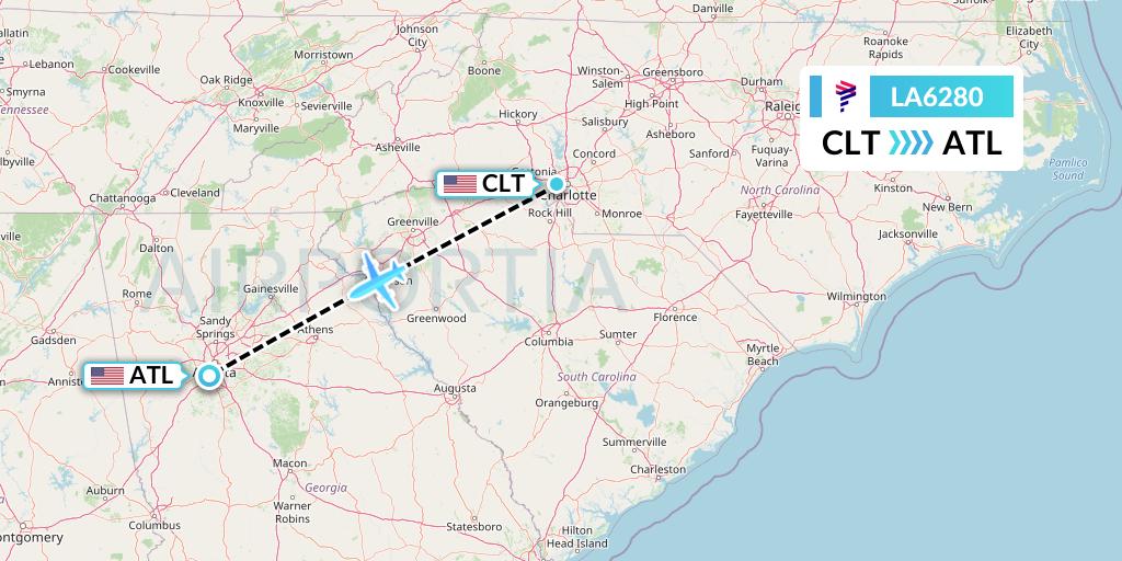 LA6280 LAN Airlines Flight Map: Charlotte to Atlanta