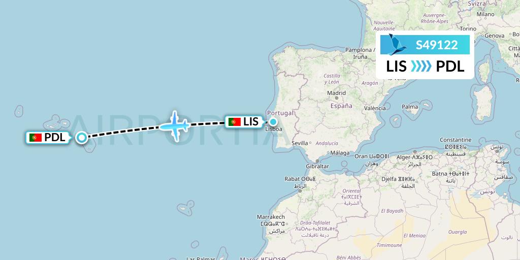 S49122 Azores Airlines Flight Map: Lisbon to Ponta Delgada