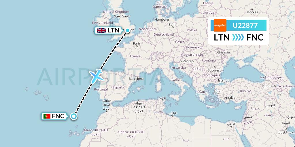 U22877 EasyJet Flight Map: London to Funchal