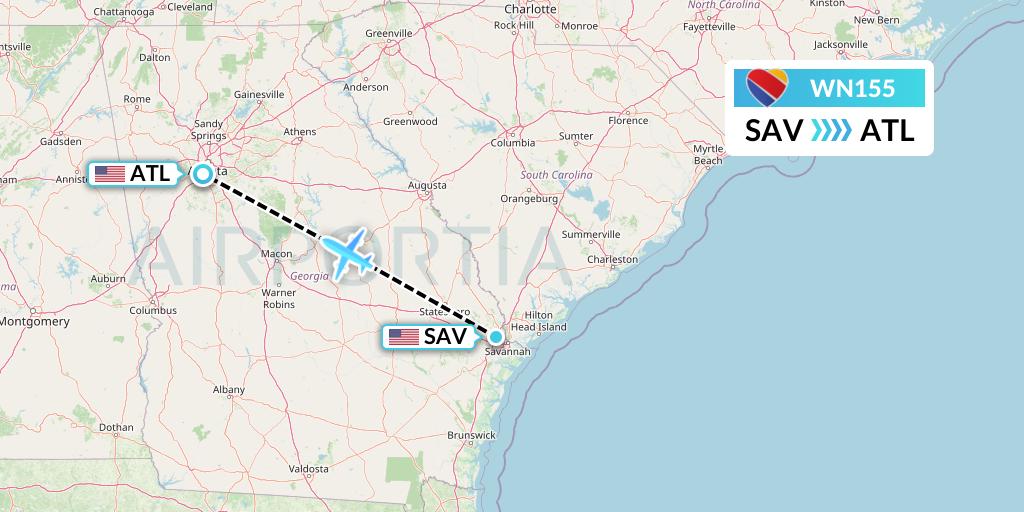 WN155 Southwest Airlines Flight Map: Savannah to Atlanta