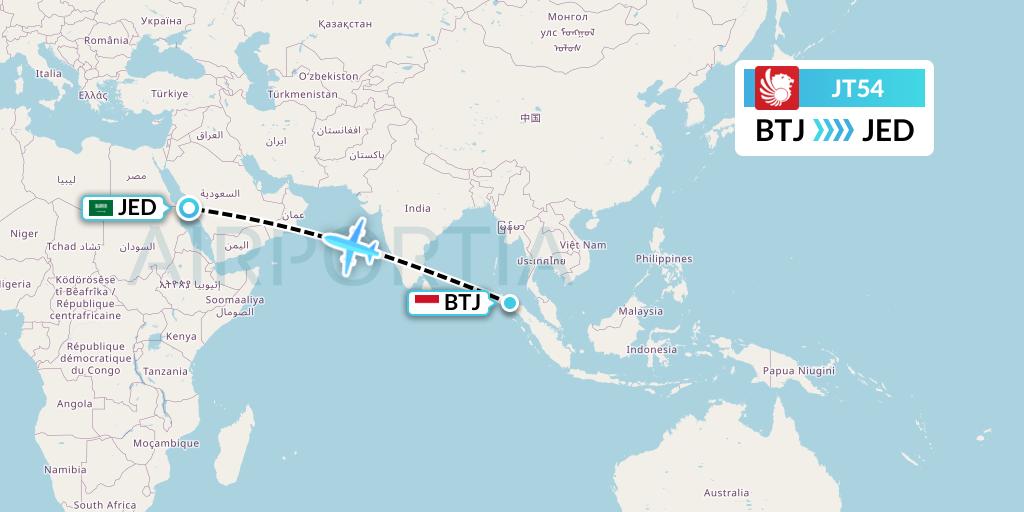JT54 Lion Airlines Flight Map: Banda Aceh to Jeddah