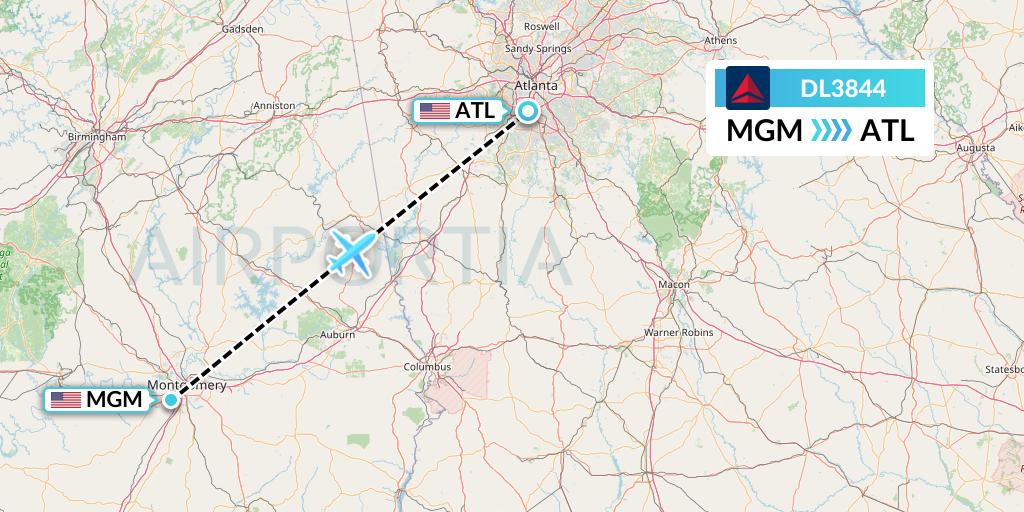 DL3844 Delta Air Lines Flight Map: Montgomery to Atlanta