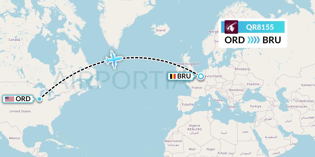 QR8155 Qatar Airways Flight Map: Chicago to Brussels