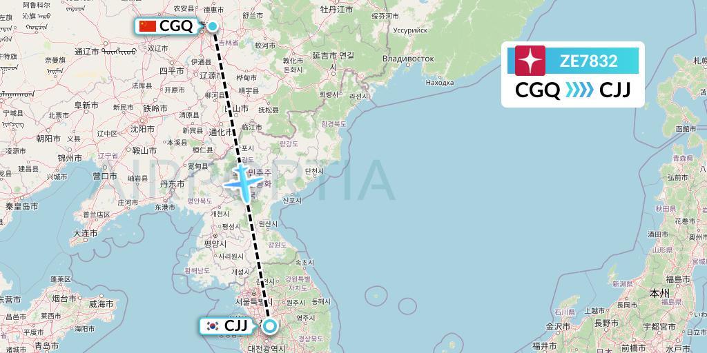 ZE7832 Eastar Jet Flight Map: Changchun to Cheongju