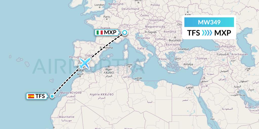 MW349 Mokulele Flight Service Flight Map: Tenerife to Milan