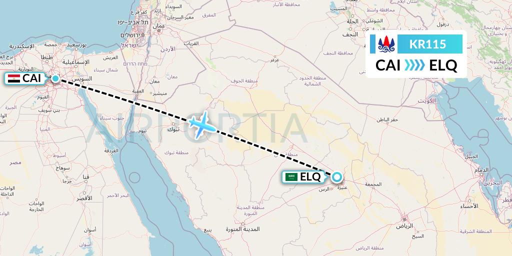 KR115 Cambodia Airways Flight Map: Cairo to Al-Qassim