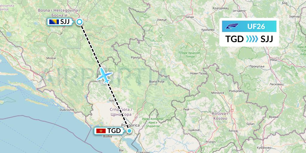 UF26 Ukrainian Mediterranean Airlines Flight Map: Podgorica to Sarajevo