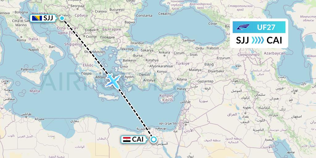 UF27 Ukrainian Mediterranean Airlines Flight Map: Sarajevo to Cairo