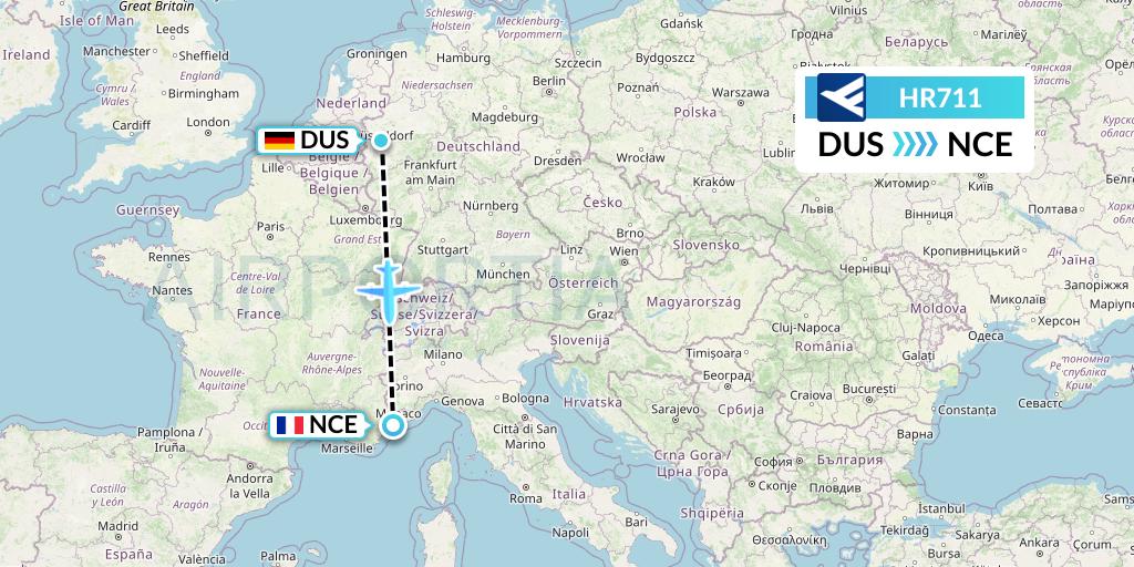 HR711 Hahn Air Flight Map: Dusseldorf to Nice