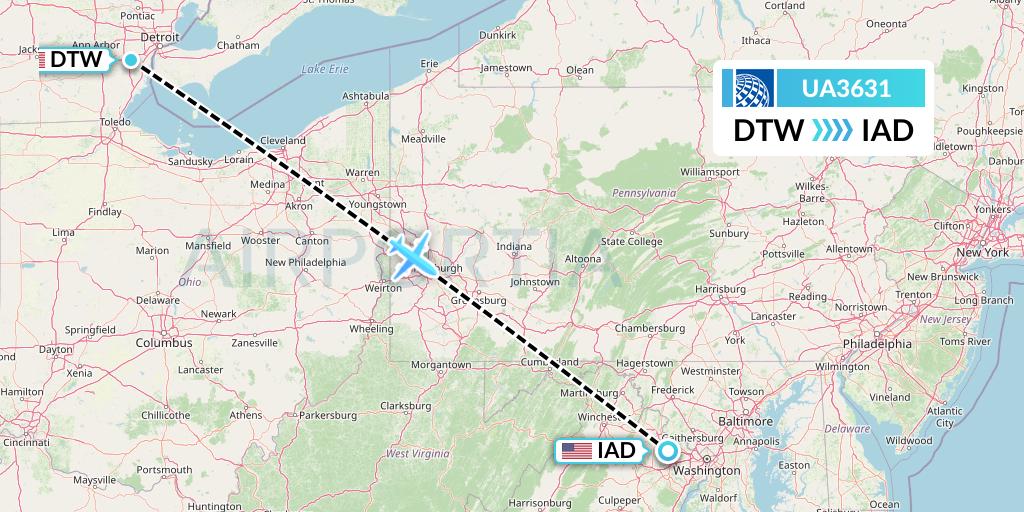 UA3631 United Airlines Flight Map: Detroit to Washington