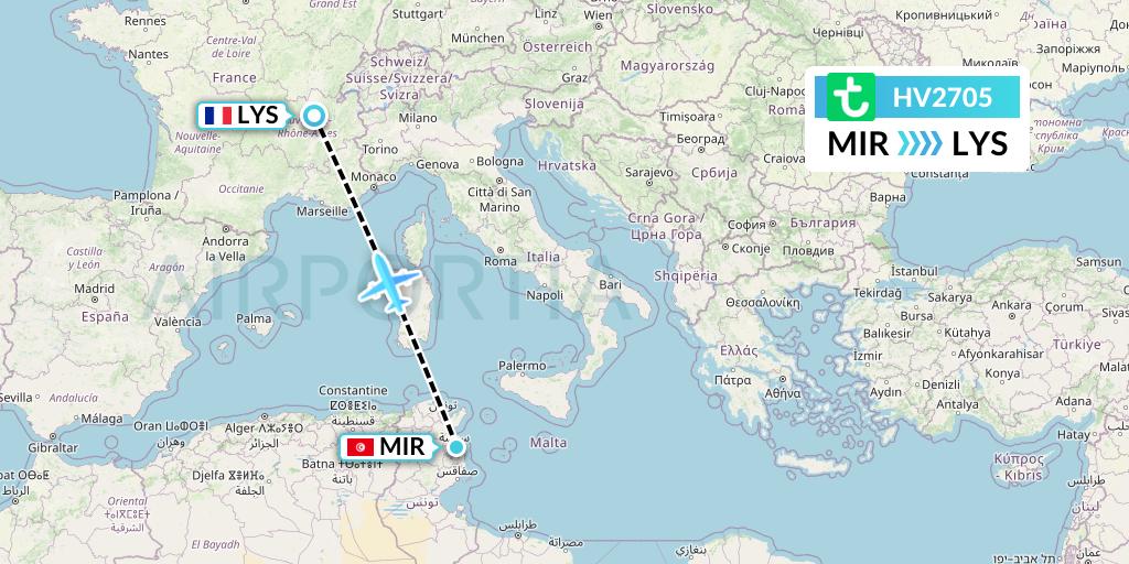 HV2705 Transavia Flight Map: Monastir to Lyon