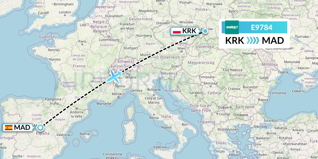 E9784 Evelop Airlines Flight Map: Krakow to Madrid