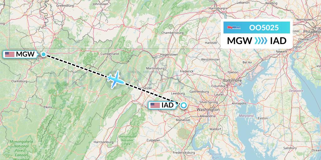 OO5025 SkyWest Airlines Flight Map: Morgantown to Washington