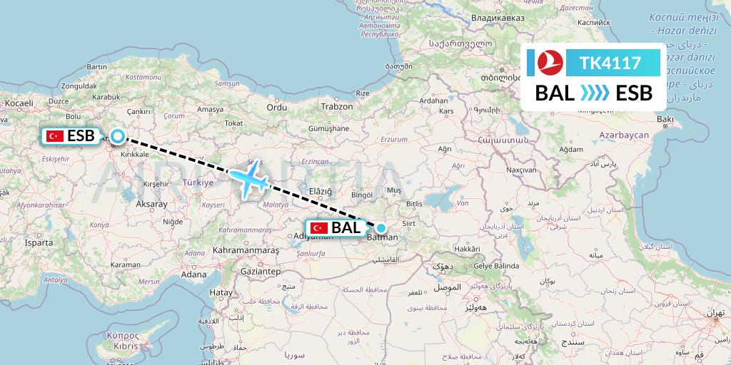 TK4117 Turkish Airlines Flight Map: Batman to Ankara