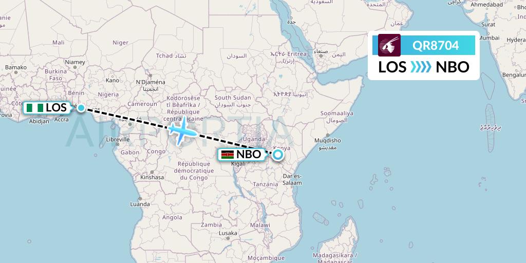 QR8704 Qatar Airways Flight Map: Lagos to Nairobi