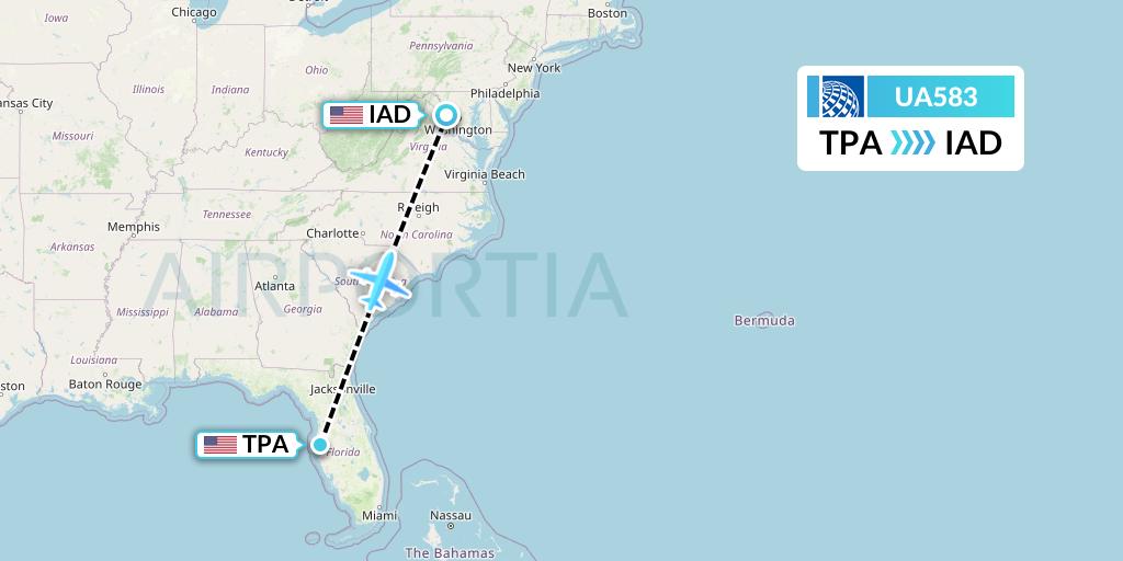UA583 United Airlines Flight Map: Tampa to Washington