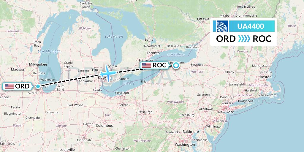 UA4400 United Airlines Flight Map: Chicago to Rochester