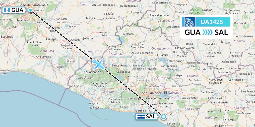 UA1425 United Airlines Flight Map: Guatemala City to San Salvador
