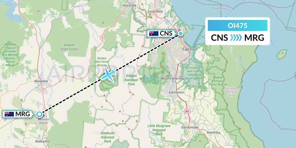 OI475 Hinterland Aviation Flight Map: Cairns to Mareeba