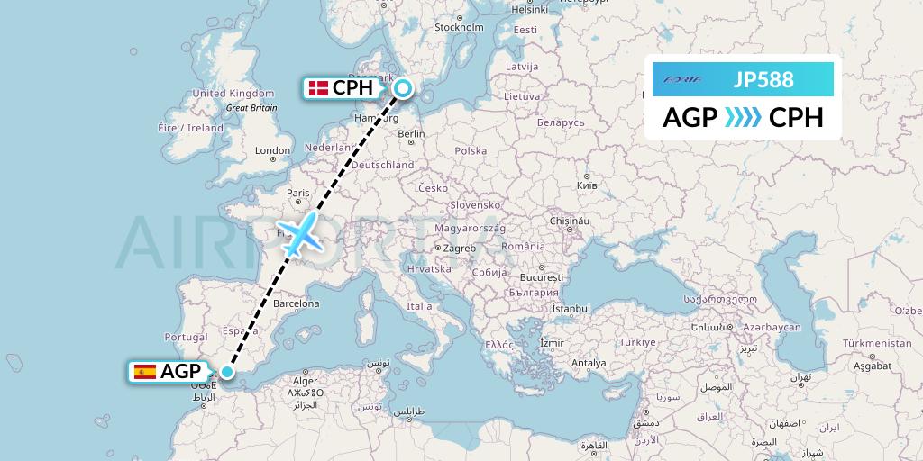 JP588 Adria Airways Flight Map: Malaga to Copenhagen