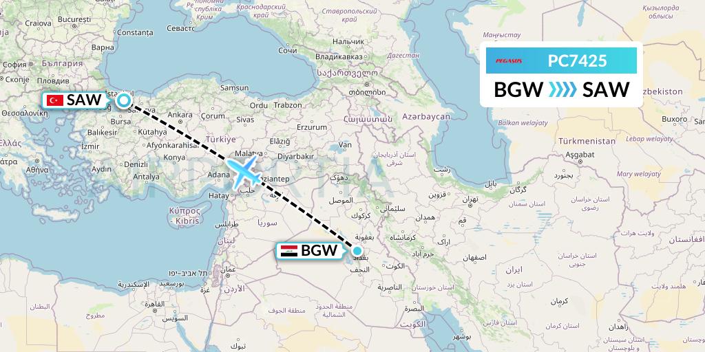 PC7425 Pegasus Airlines Flight Map: Baghdad to Istanbul
