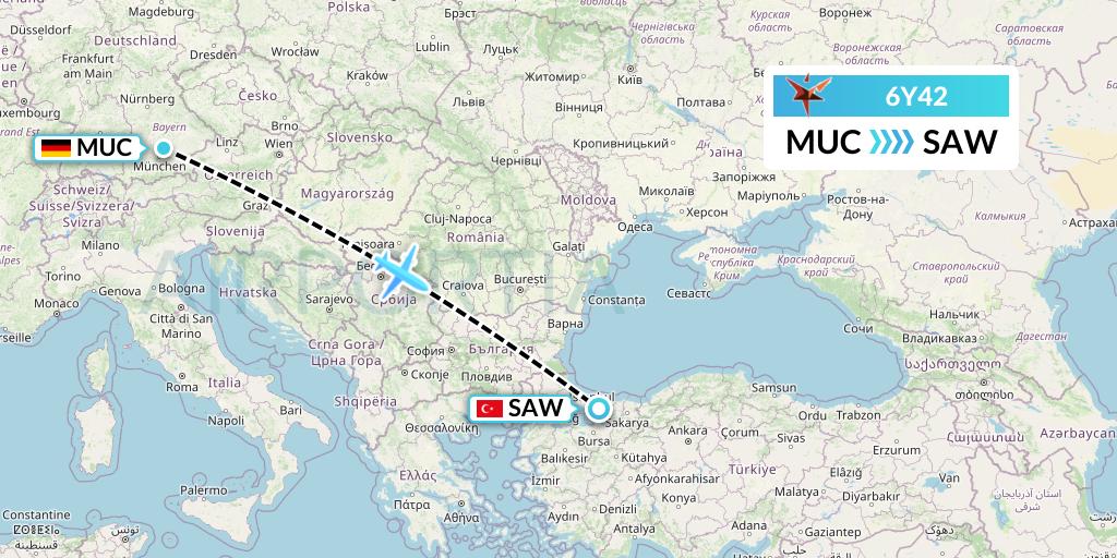 6Y42 SmartLynx Flight Map: Munich to Istanbul
