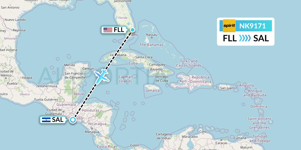 NK9171 Spirit Airlines Flight Map: Fort Lauderdale to San Salvador