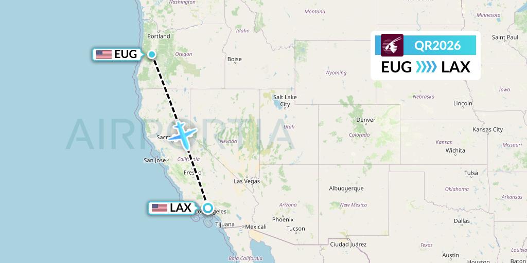 QR2026 Qatar Airways Flight Map: Eugene to Los Angeles