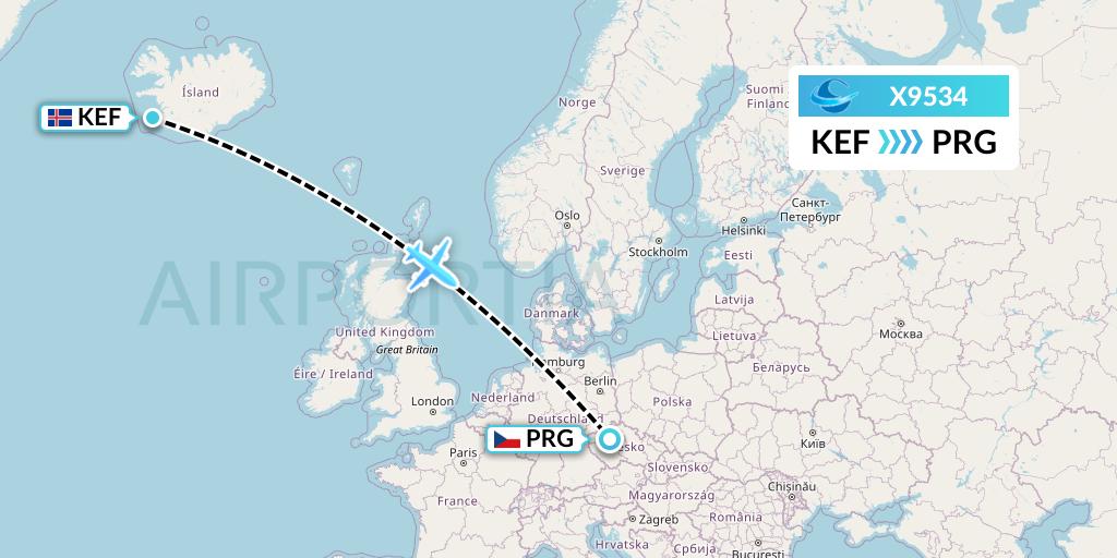 X9534 Avion Express Flight Map: Reykjavik to Prague