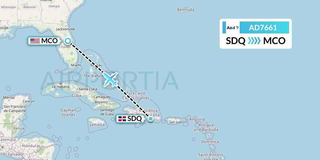 AD7661 Azul Brazilian Airlines Flight Map: Santo Domingo to Orlando