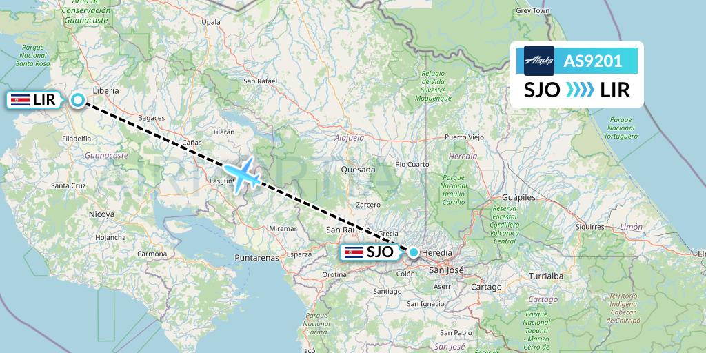 AS9201 Alaska Airlines Flight Map: San Jose to Liberia