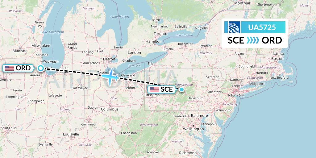 UA5725 United Airlines Flight Map: State College to Chicago