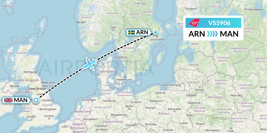VS5906 Virgin Atlantic Airways Flight Map: Stockholm to Manchester